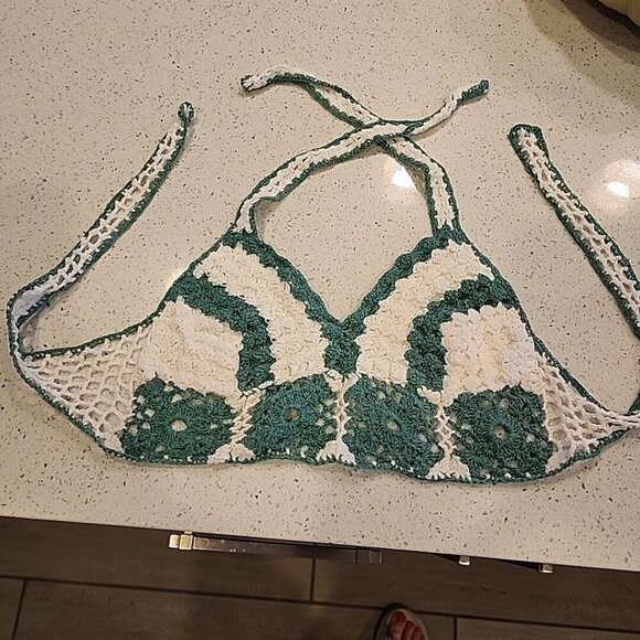 Handmade Crochet Bikini Top Small Green White Boho Hippy - Picture 1 of 3